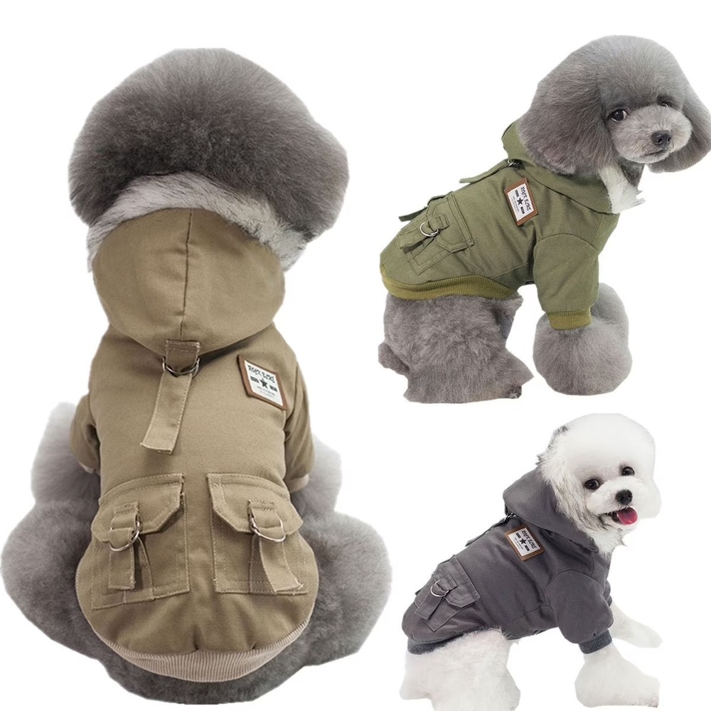 Dog Parka Jacket Medium Olive Green Faux Fur Hood Fleece Lined